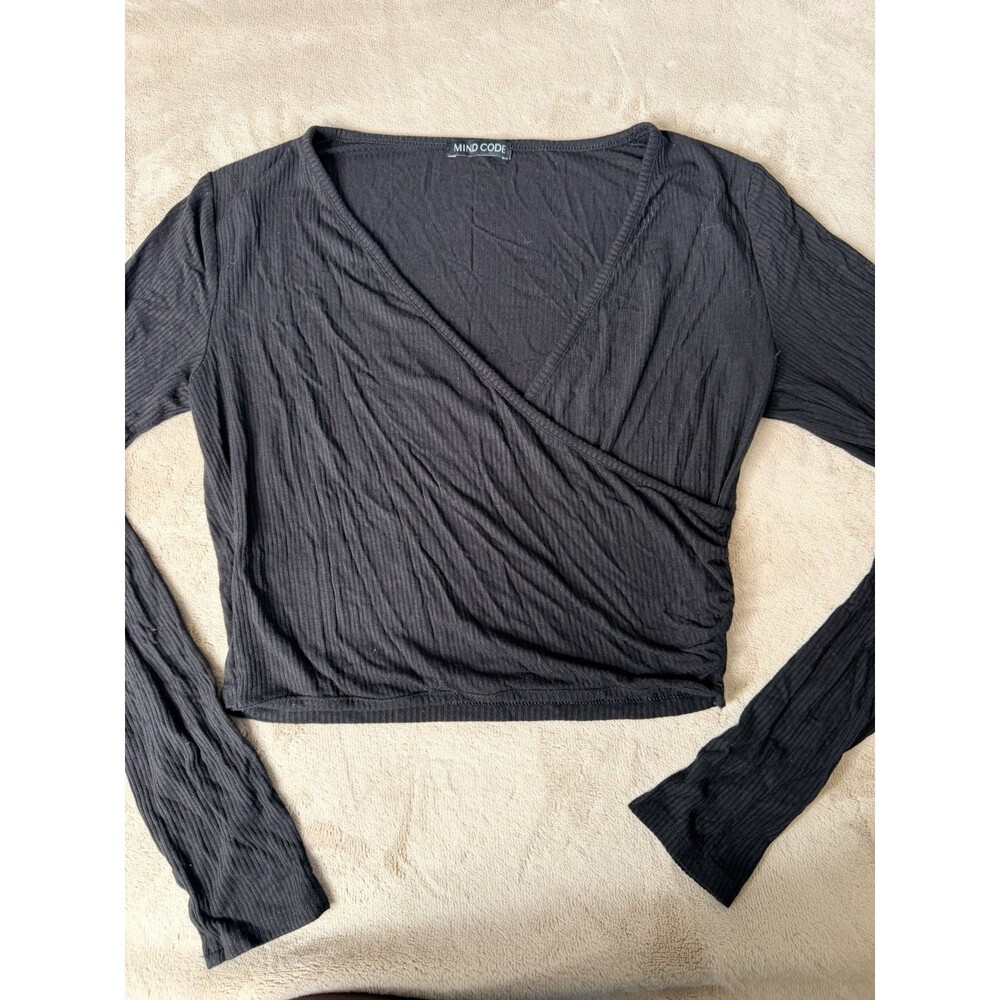Mind Code Black ribbed long sleeve v neck crop top with faux wrap style Size L